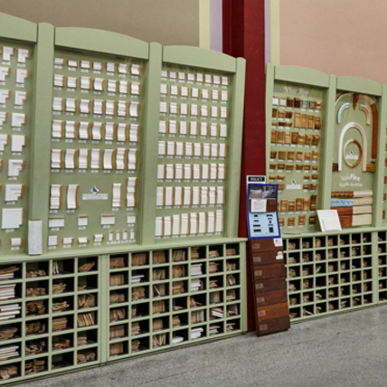 Racks with examples of different moulding styles. 