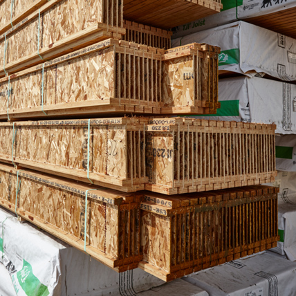 The end of a rack of engineered lumber.