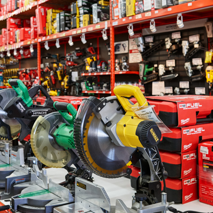 Circular saws in the lumber tools aisle at Ganahl lumber. 